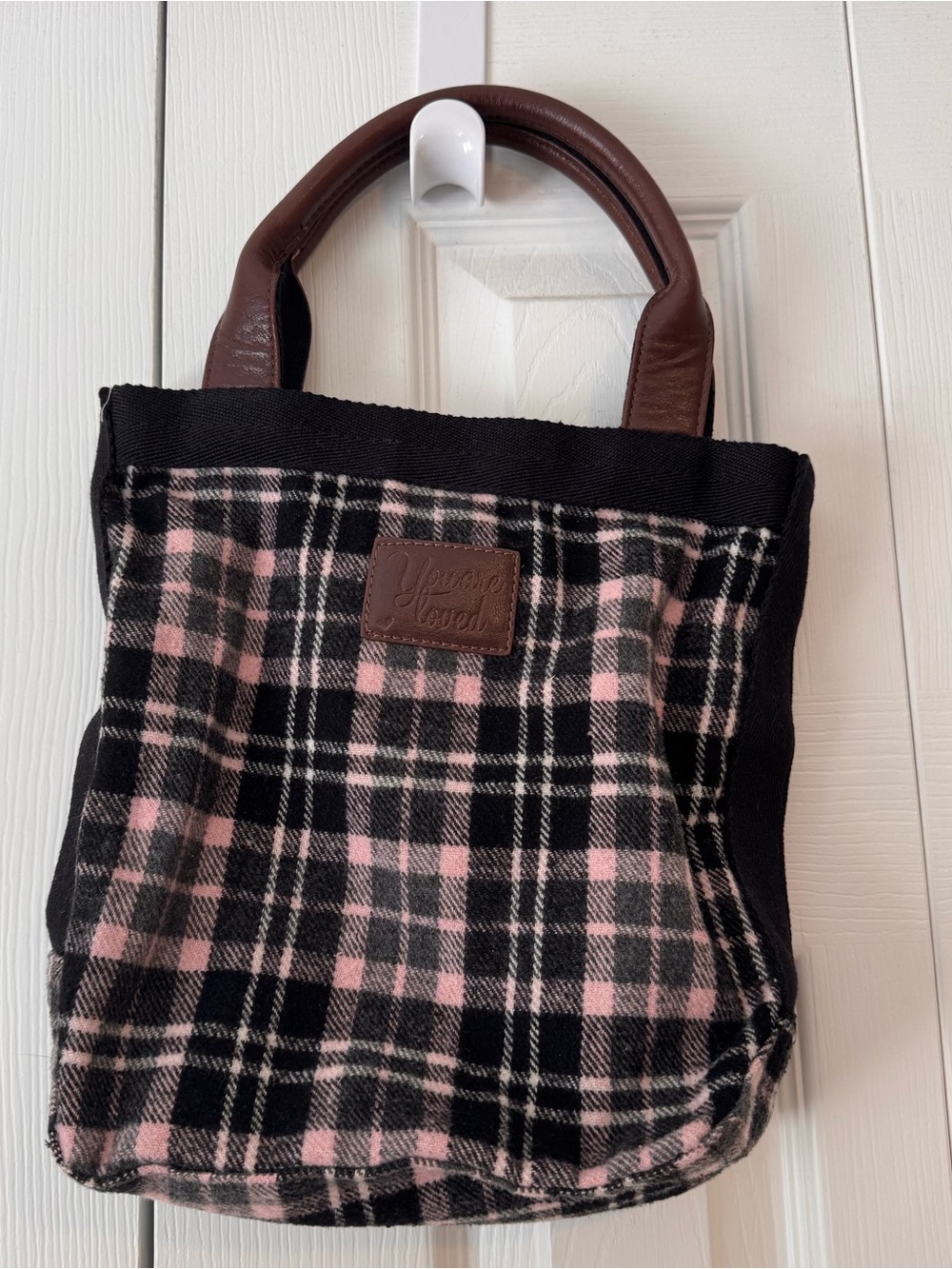 United Colors Of Benetton Pink Black Plaid Tote with Brown Handles
